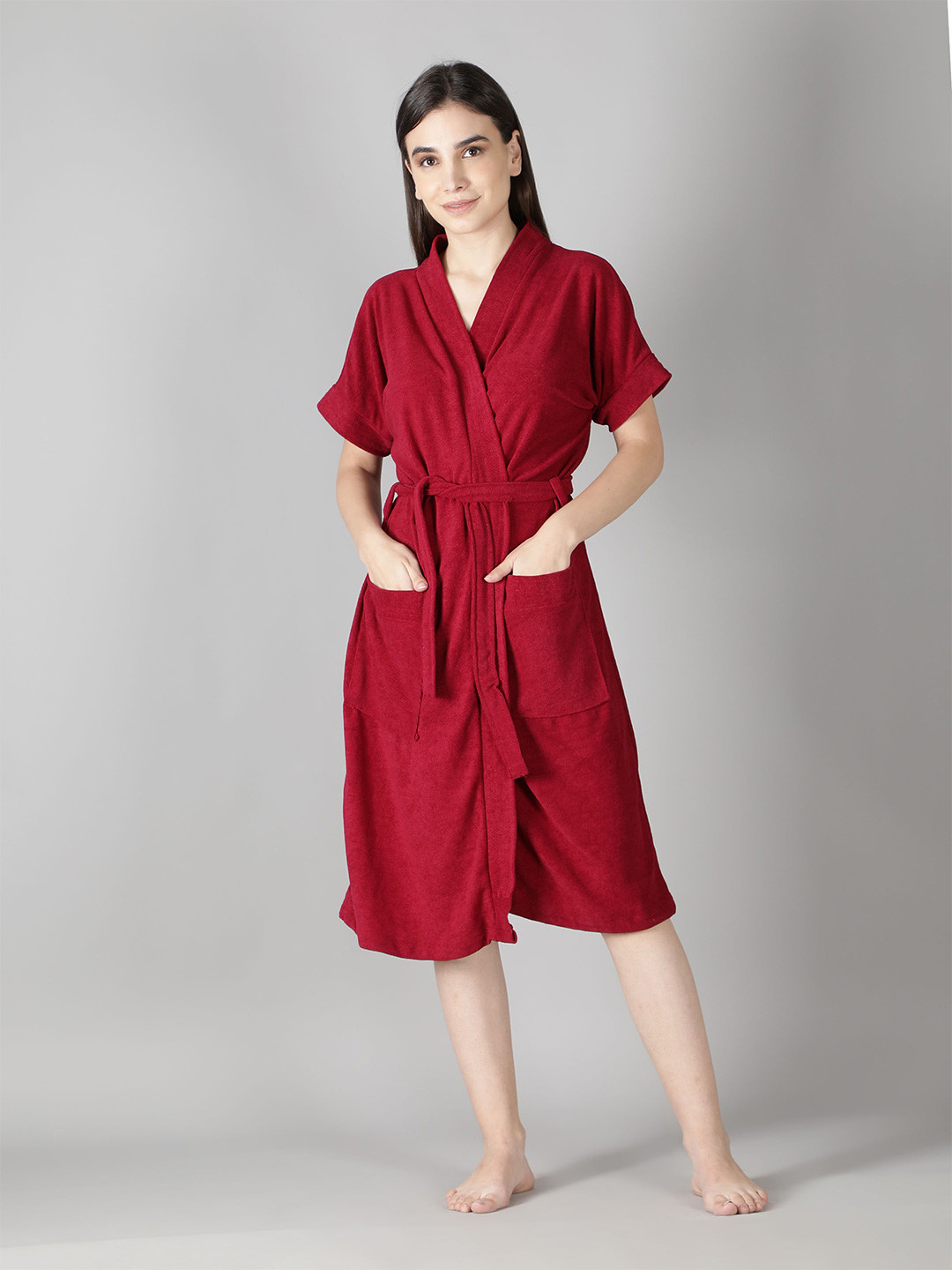 LacyLook Maroon Solid Cotton Drawstring Knee Length Bath Robe-S