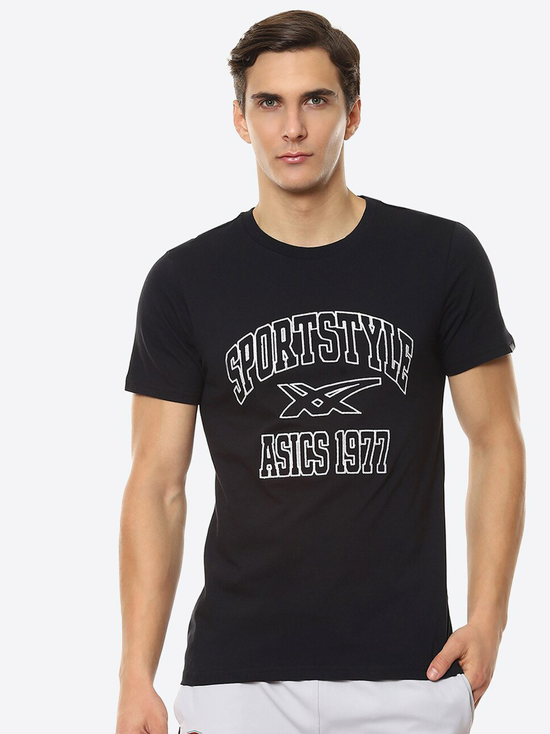 ASICS Men Black Stripe Graphic SS Typography Printed Cotton Training or Gym T-shirt