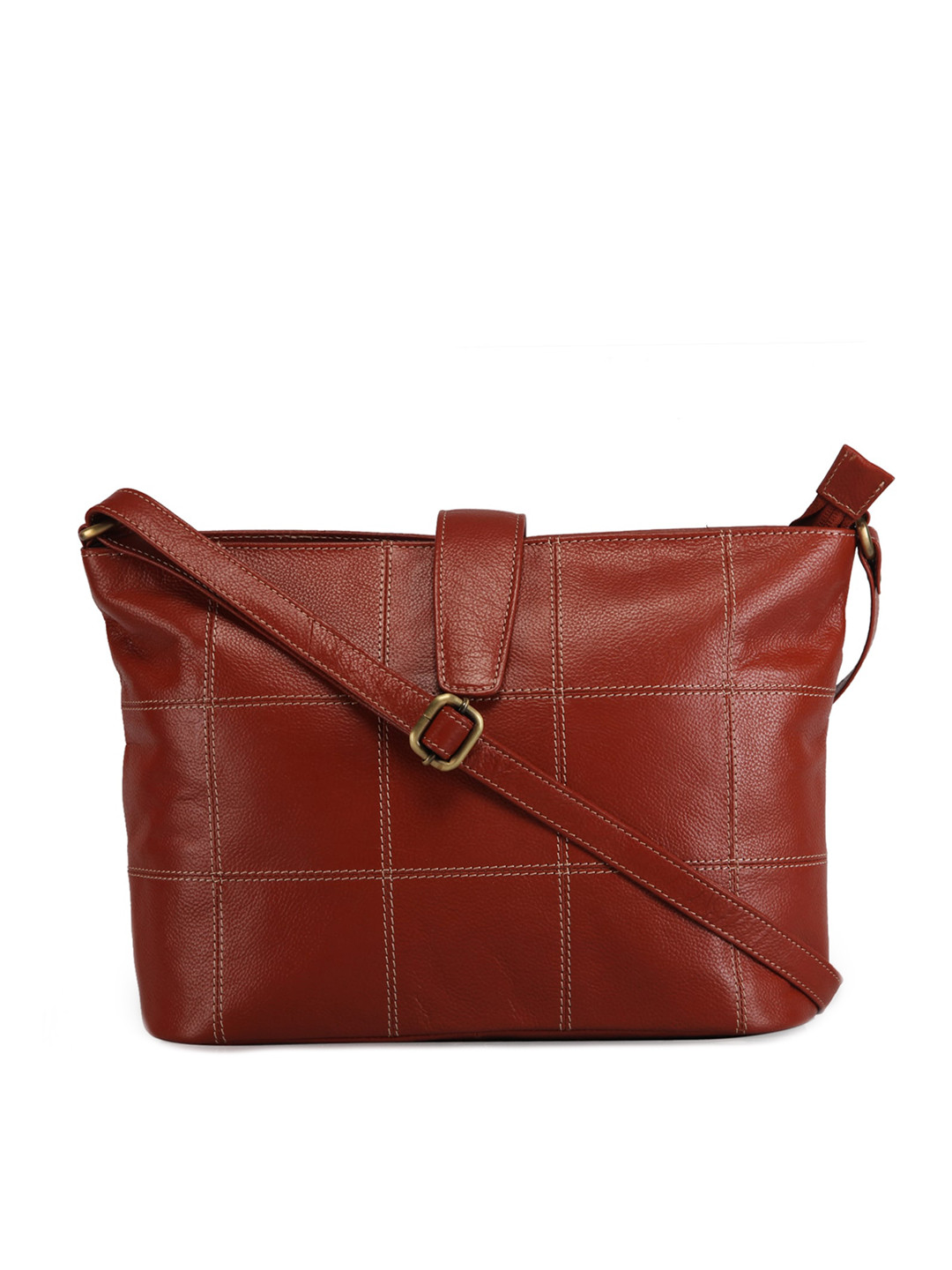 GENWAYNE Tan Brown Leather Structured Sling Bag with Quilted