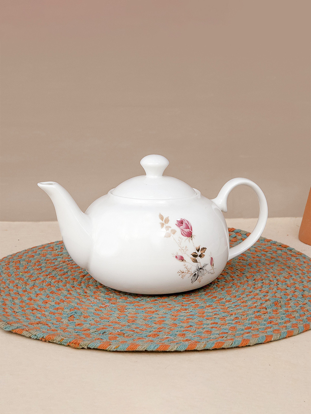 CLAY CRAFT White Floral Printed Ceramic Glossy Kettle
