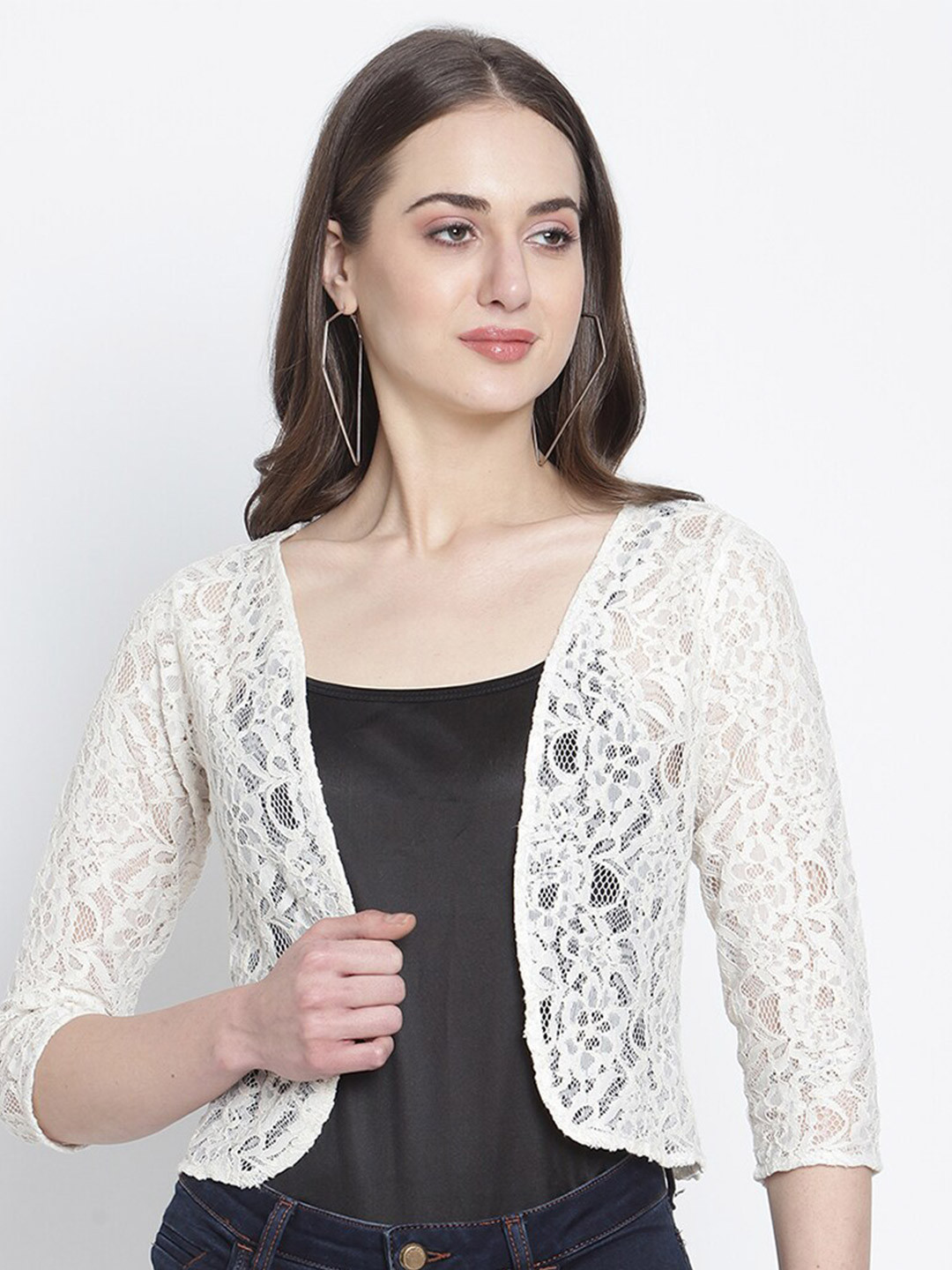 Rute Women White Self Design Cotton Open Front Crop Shrug