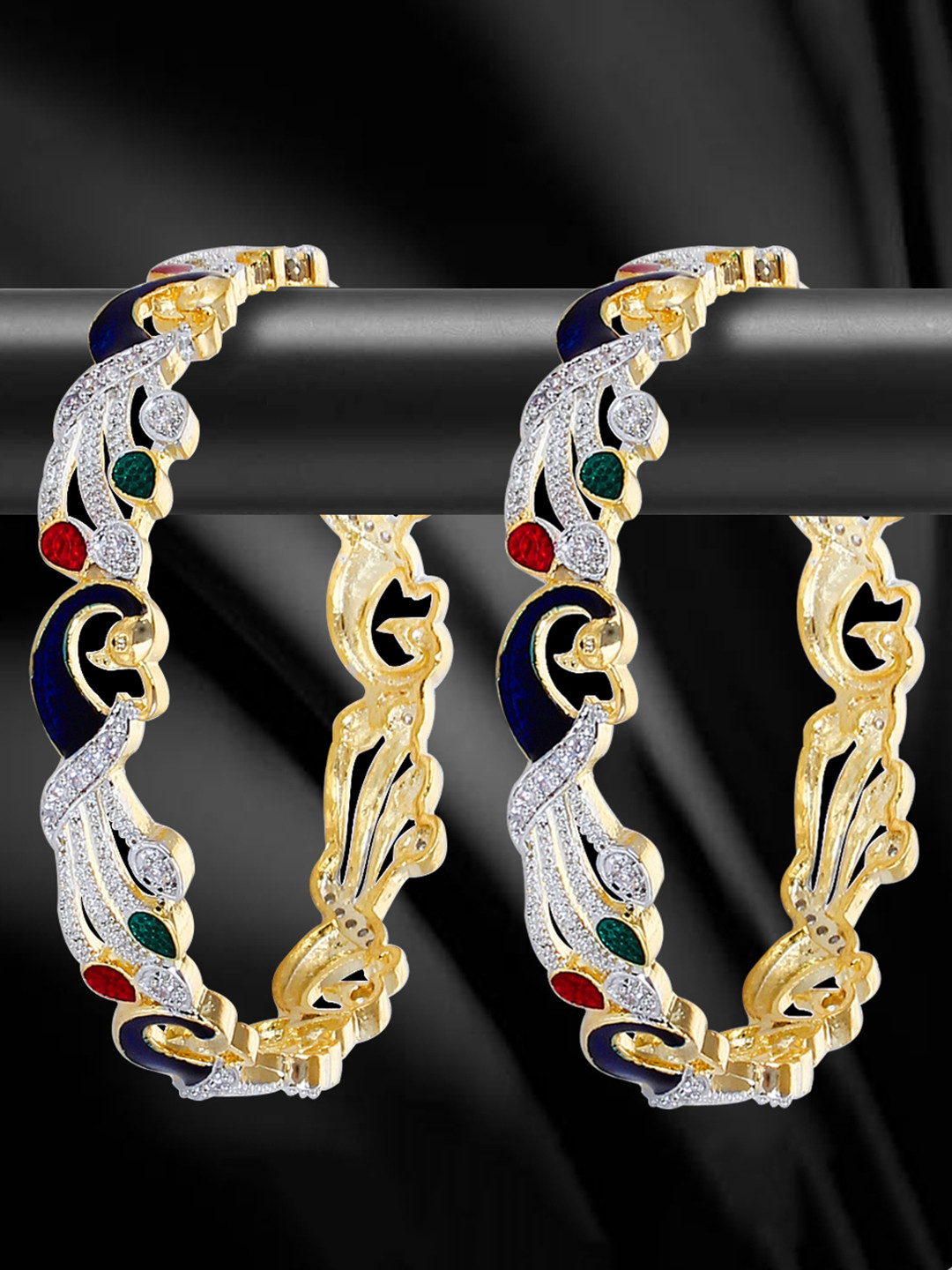 YouBella Set Of 2 Gold-Plated White & Blue Stone-Studded Enamelled Bangles