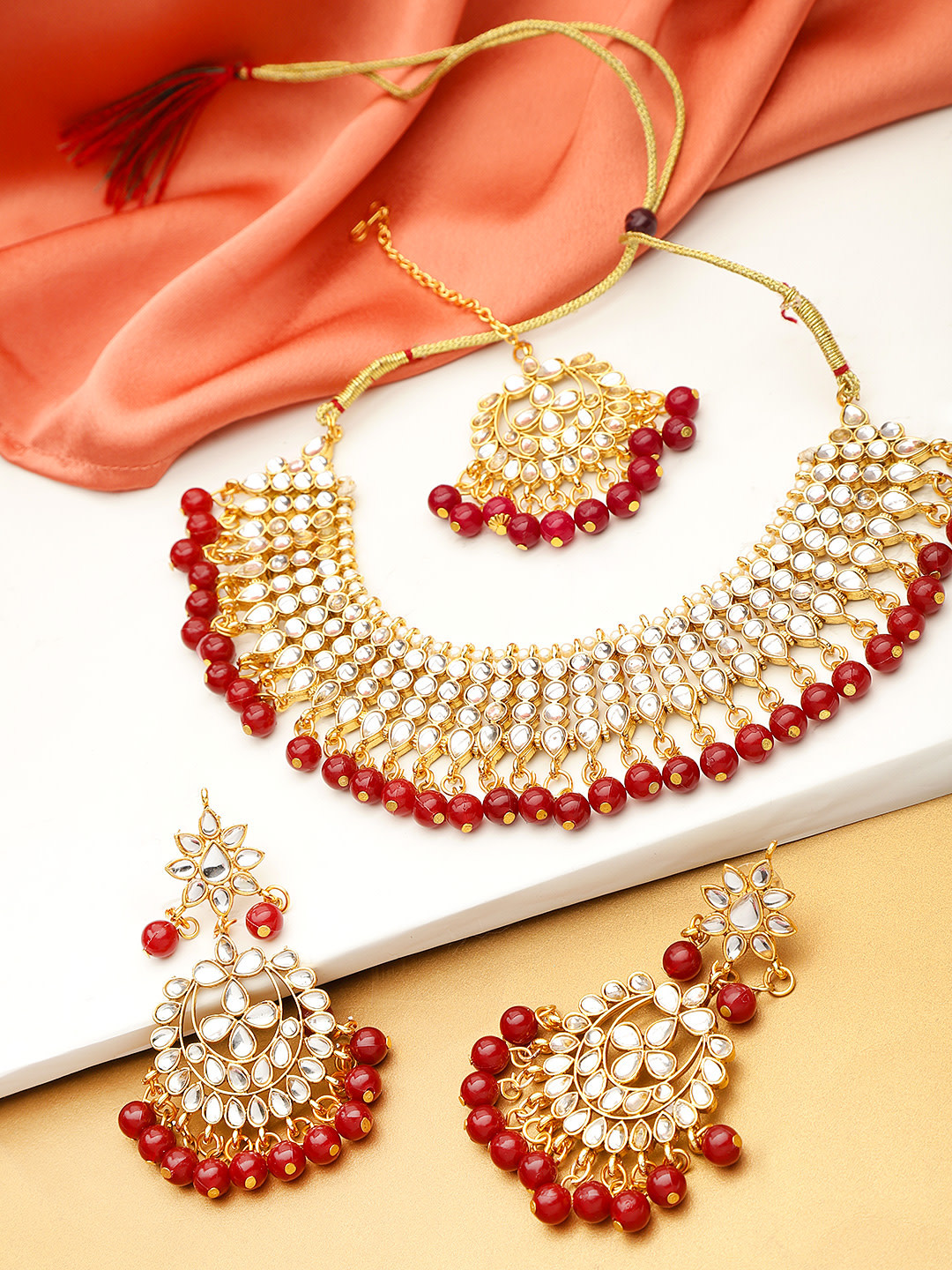YouBella Gold-Plated & Maroon Stone-Studded Jewellery Set With Maang Tikka