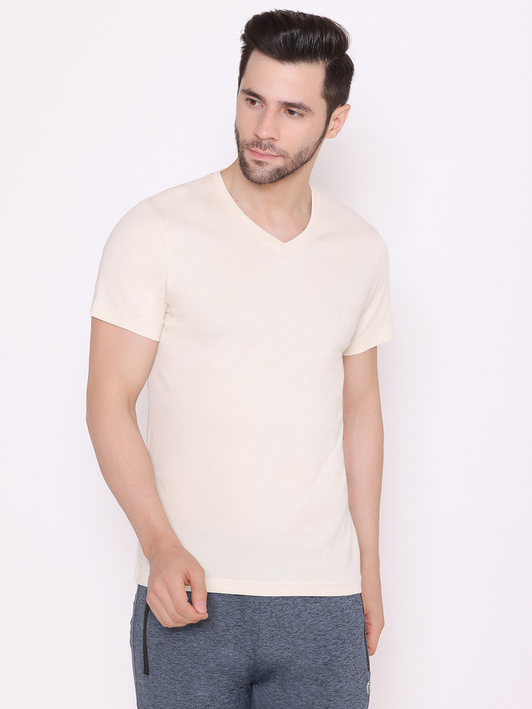 BODYACTIVE Men Beige V-Neck Cotton T-shirt