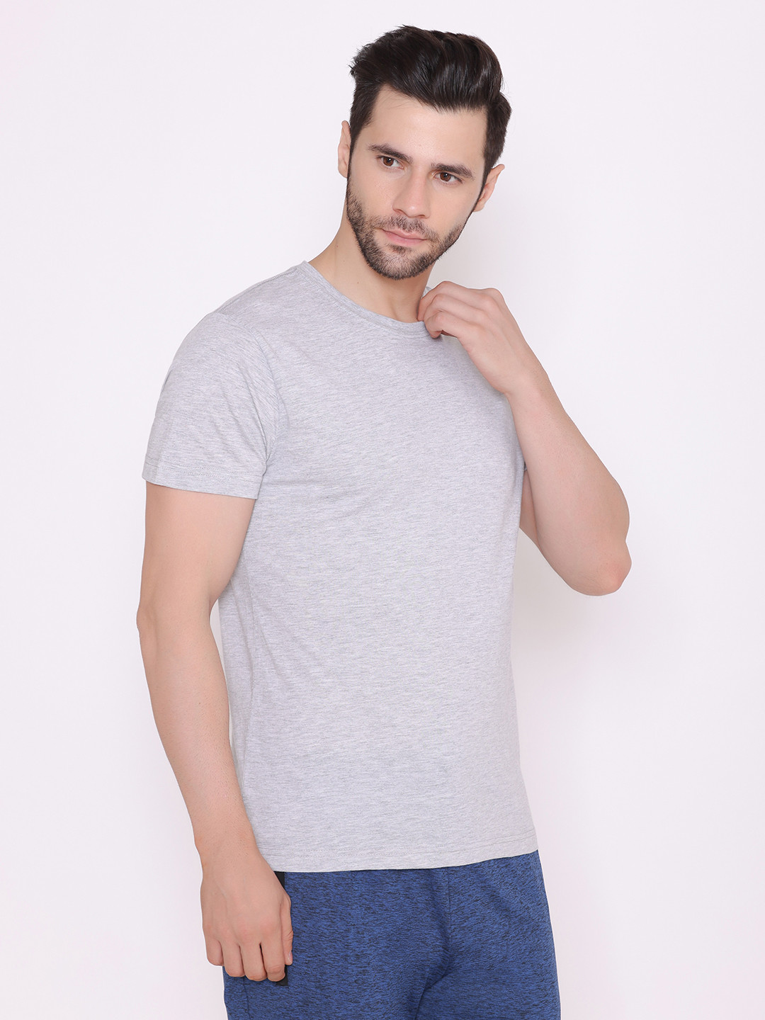 BODYACTIVE Men Grey Melange Cotton T-shirt
