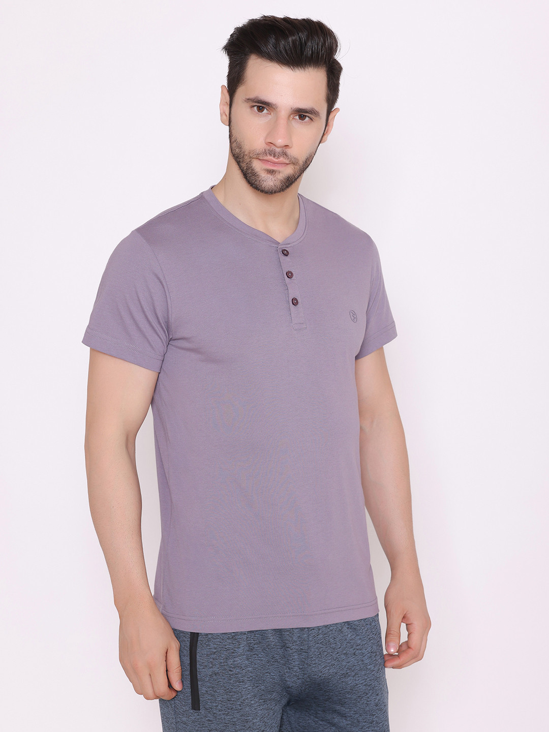 BODYACTIVE Men Grey Henley Neck T-shirt