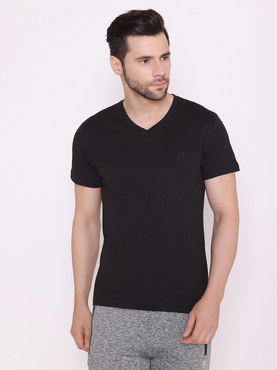 BODYACTIVE Men Black V-Neck  T-shirt