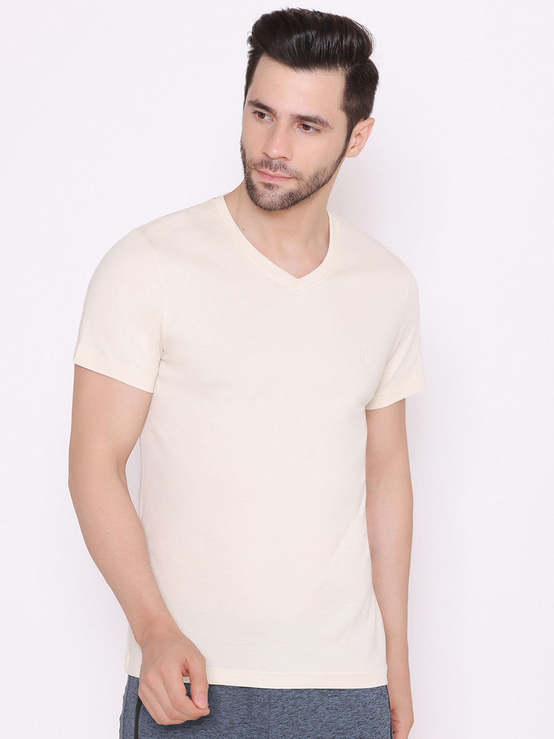 BODYACTIVE Men Beige V-Neck Cotton T-shirt