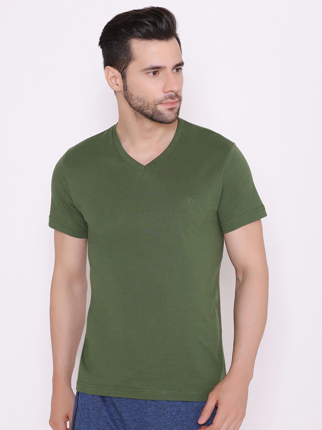 BODYACTIVE Men Olive Green V-Neck T-shirt