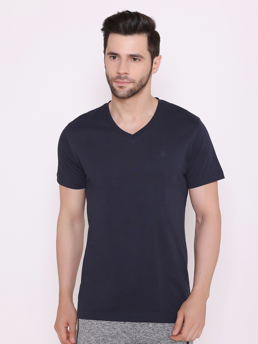 BODYACTIVE Men Navy Blue V-Neck T-shirt