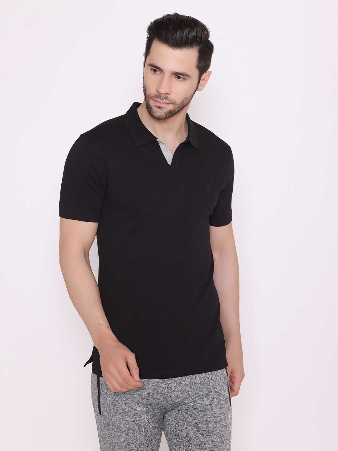 BODYACTIVE Men Black Polo Collar T-shirt