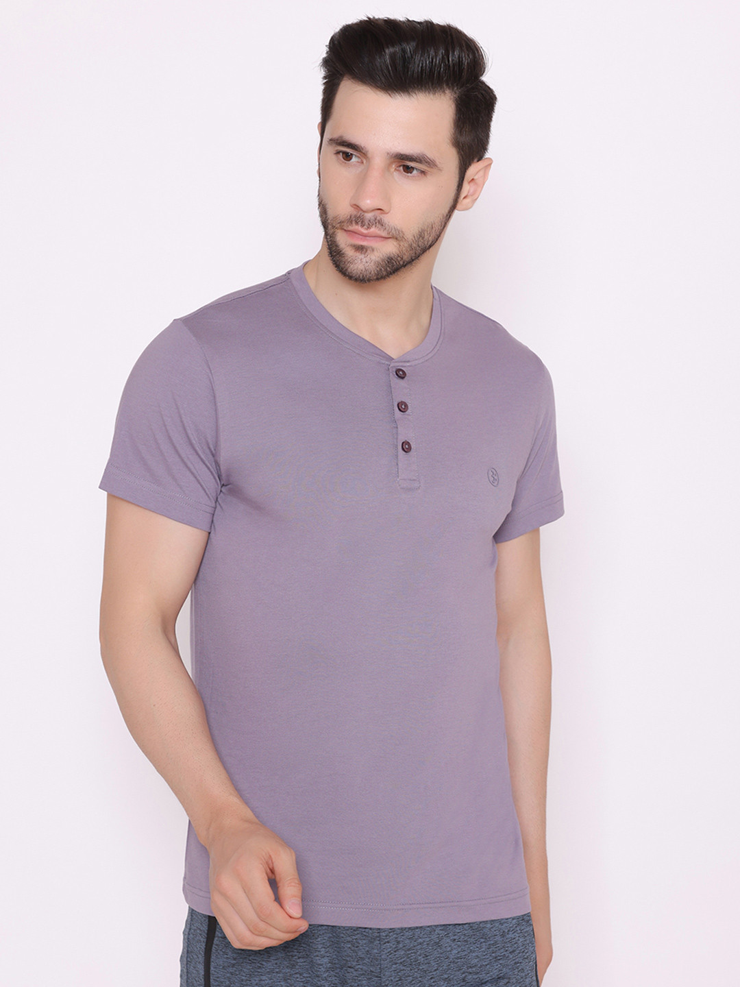 BODYACTIVE Men Grey Henley Neck Cotton T-shirt