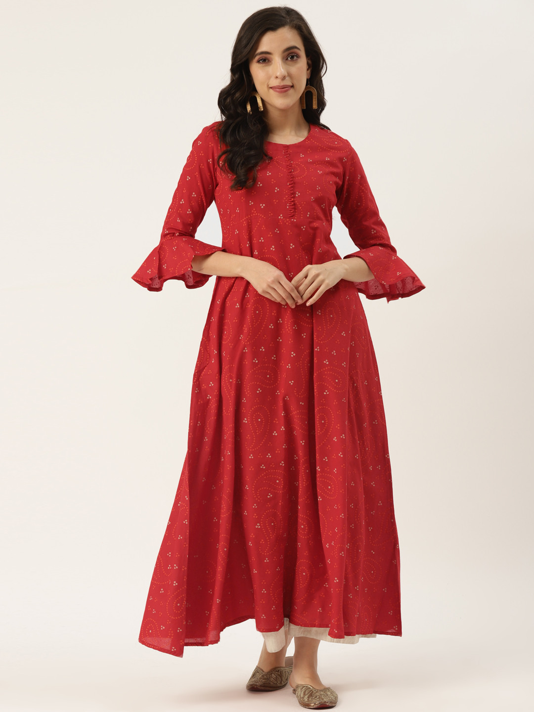 KBZ Women Red & White Bandhani Printed Flared Sleeves Anarkali Kurta