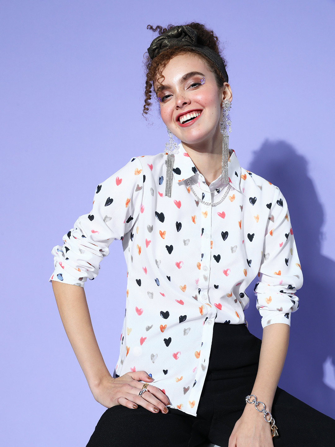 Berrylush Women Pretty White Conversational Zoom Friendly Collar Shirt