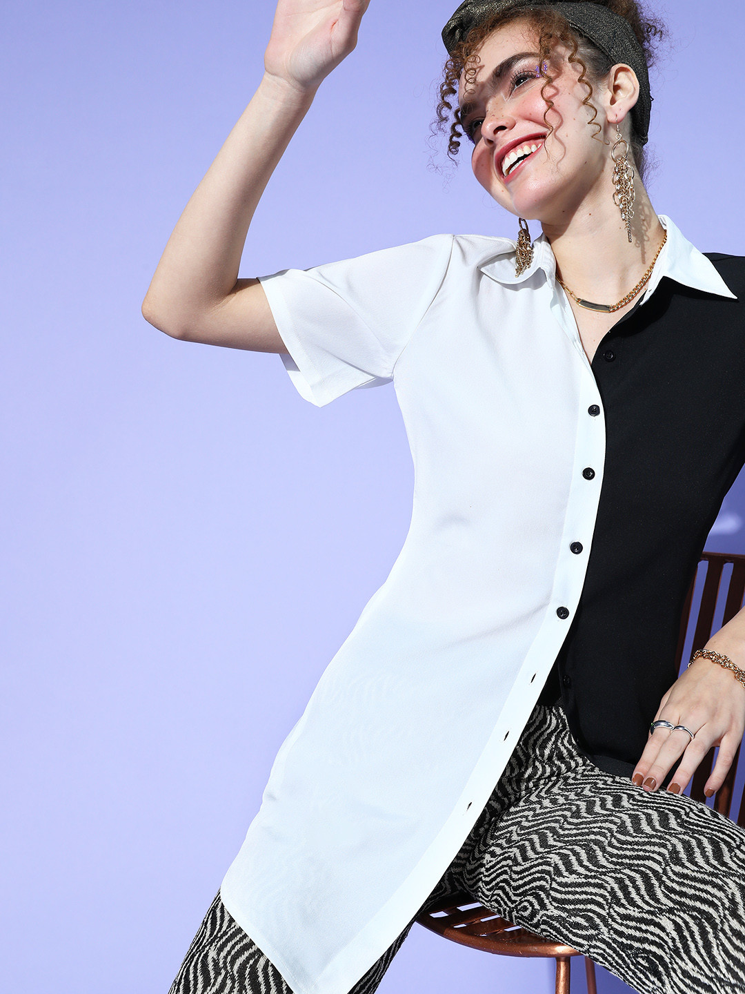 Berrylush Women White & Black Colourblocked Shirt Style Top