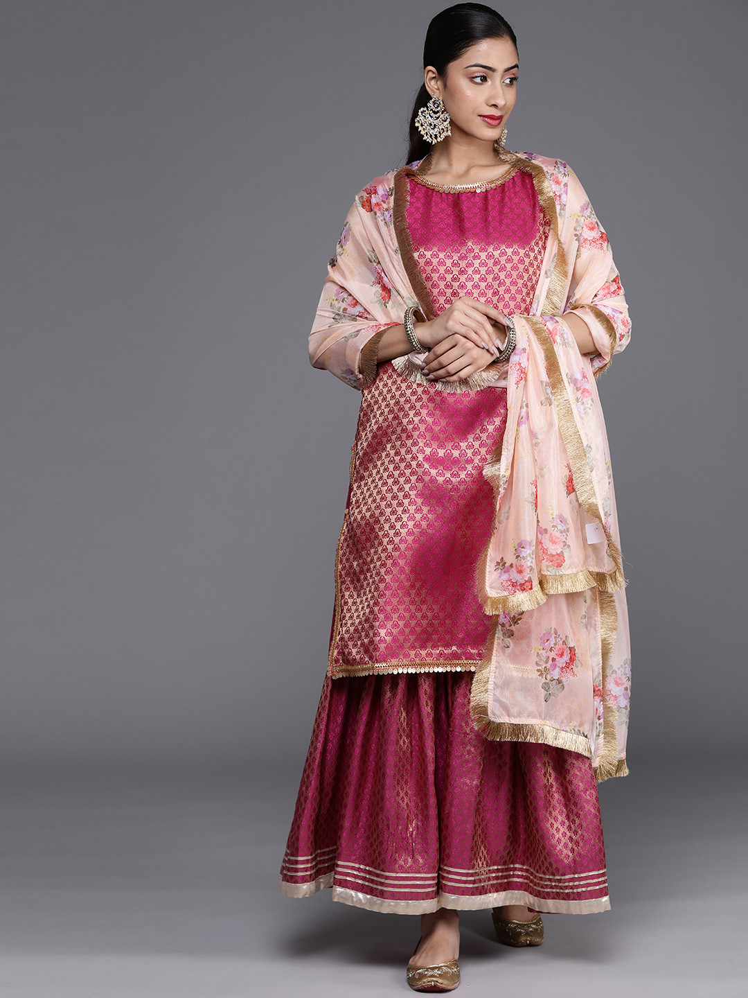 KSUT Women Magenta Ethnic Motifs Sequinned Kurta with Sharara & With Dupatta
