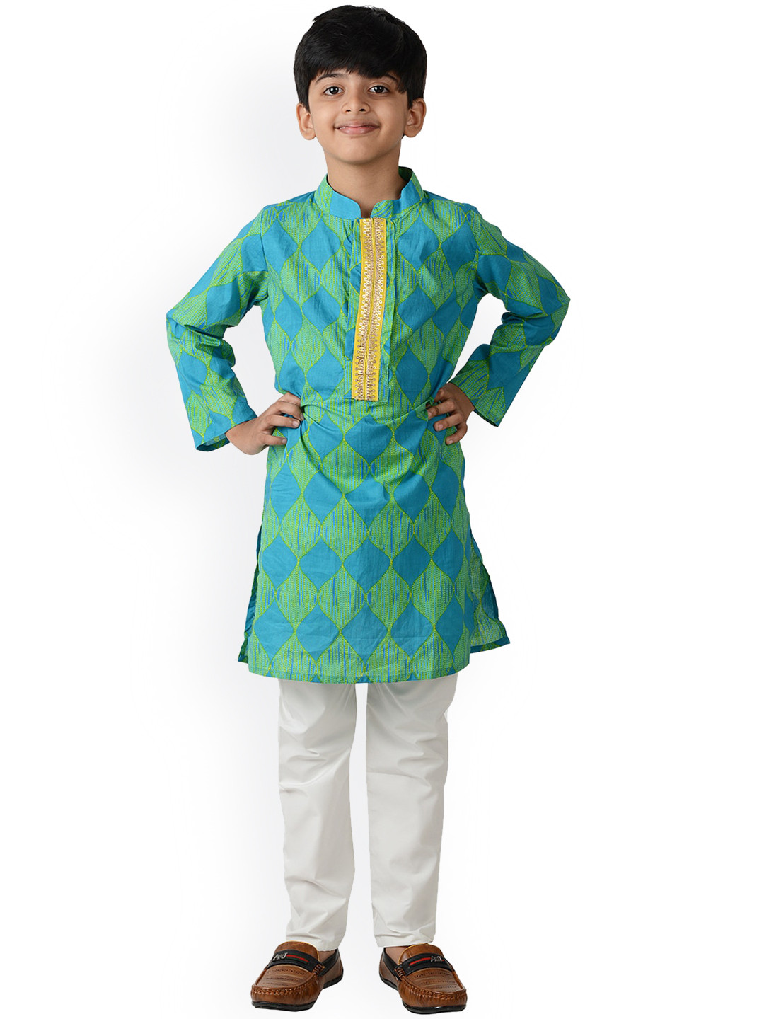 frangipani Boys Green & White Printed Pure Cotton Kurta with Pyjamas