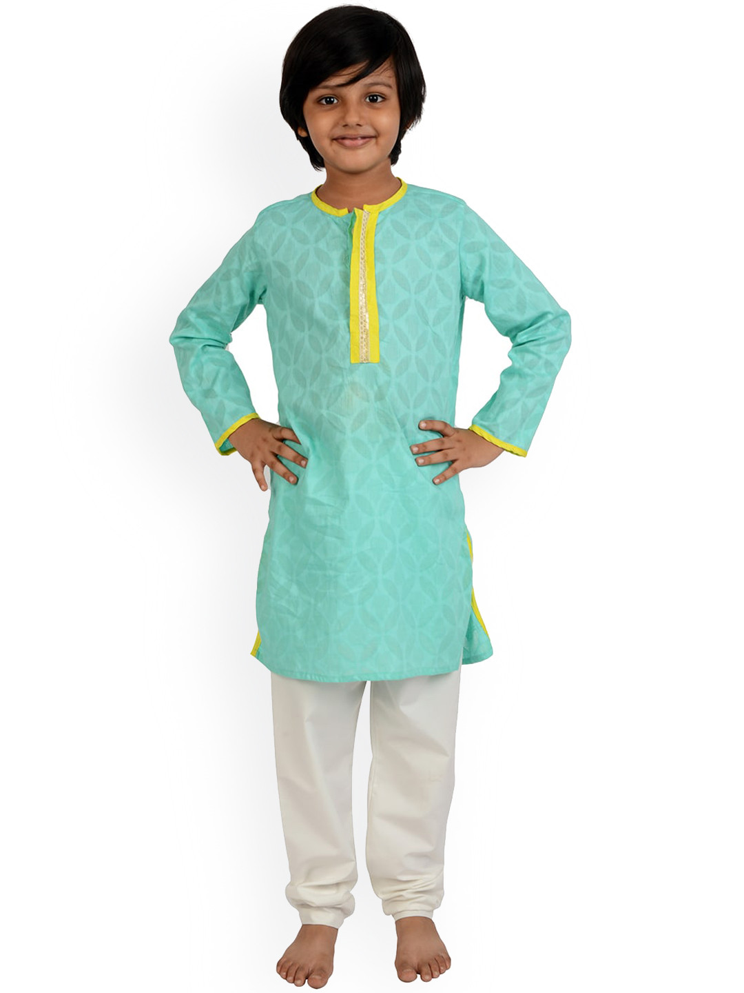 frangipani Boys Green & Yellow Floral Printed Pure Cotton Kurta with Pyjamas