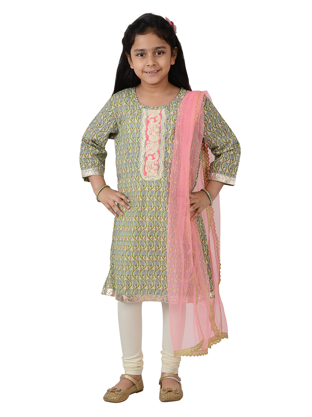 frangipani Girls Green & Pink Floral Printed Pure Cotton Kurta Set