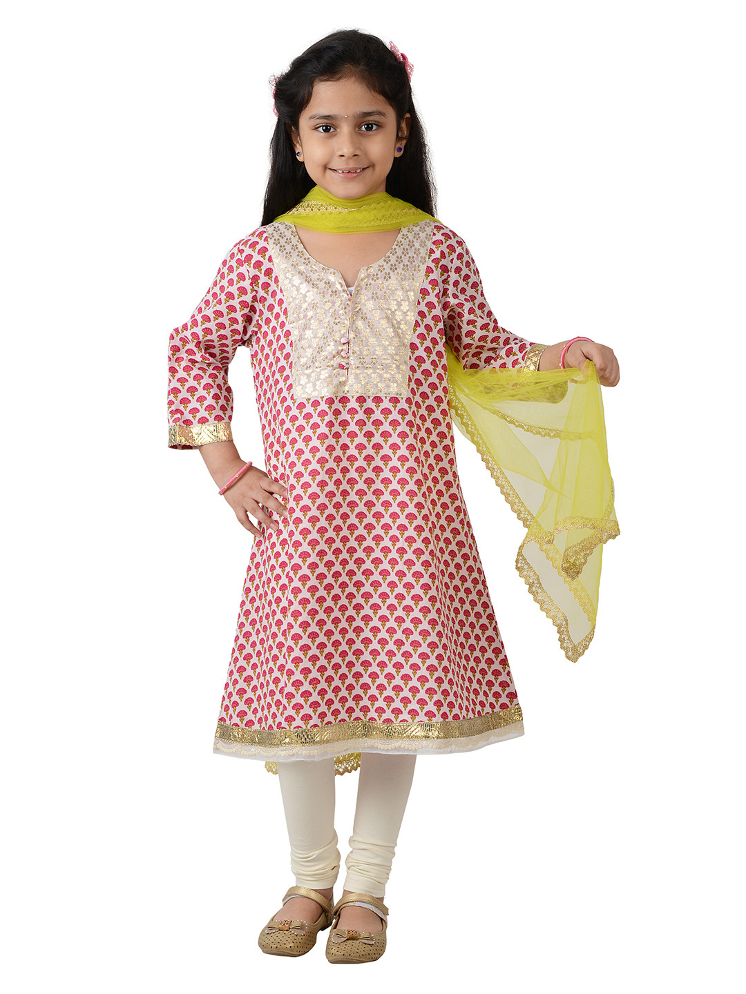 frangipani Girls Red Floral Printed Pure Cotton Kurta With Dupatta