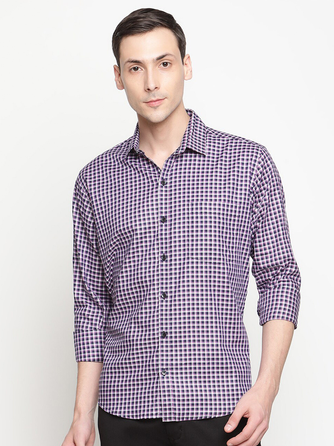 Copperline Men Navy Blue Comfort Slim Fit Gingham Checks Checked Formal Shirt