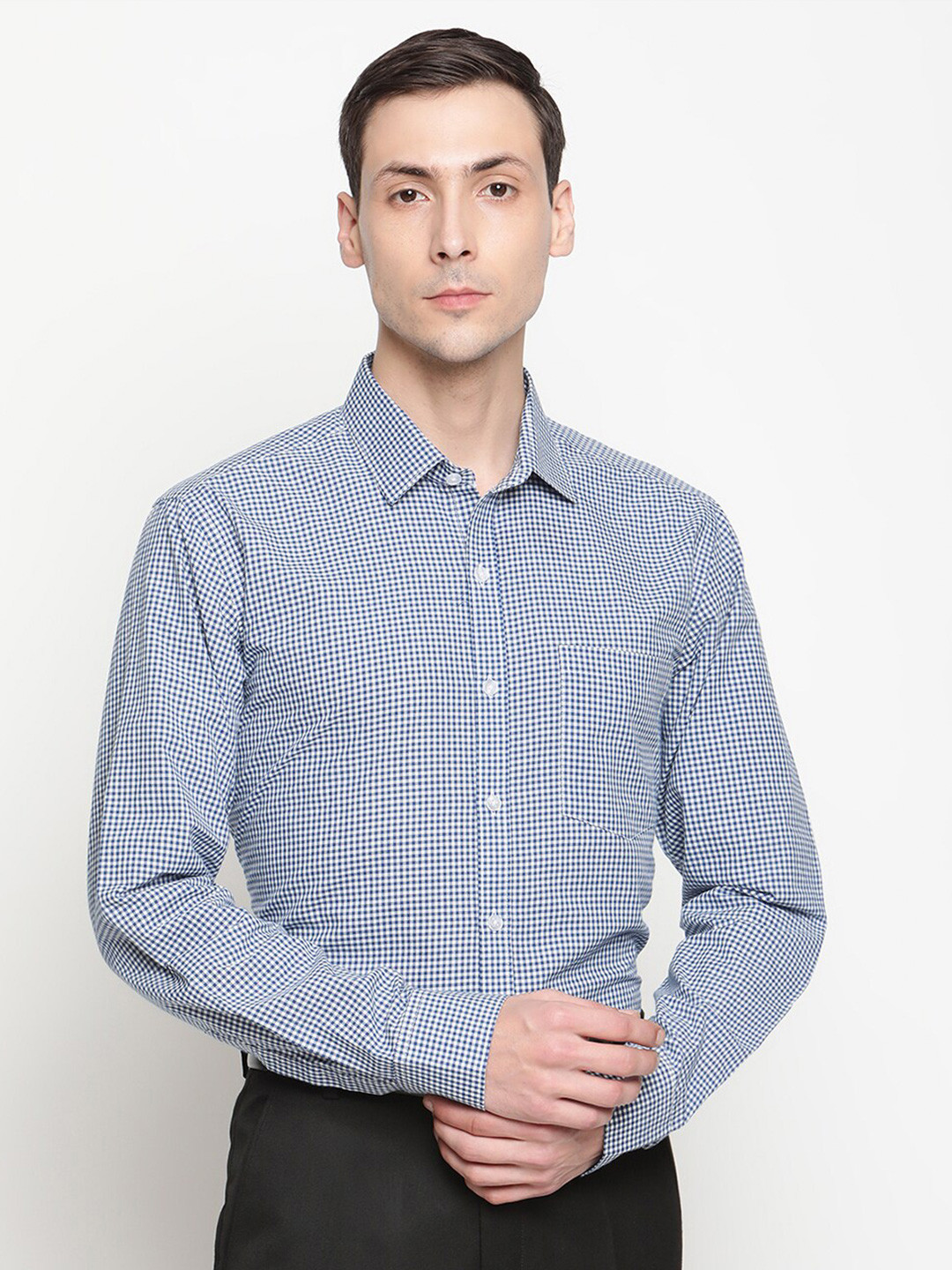 Copperline Men Blue Comfort Slim Fit Micro Checks Checked Pure Cotton Formal Shirt