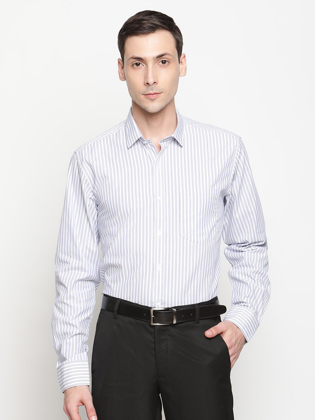 Copperline Men White Comfort Slim Fit Striped Pure Cotton Formal Shirt