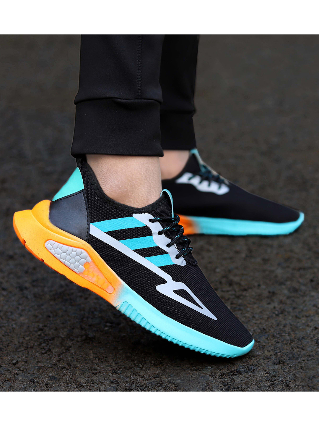 WIN9 Men Black & Turquiose Blue Mesh Walking Non-Marking Shoes