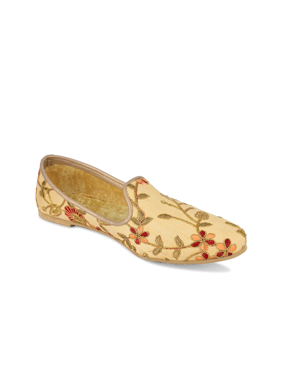 DESI COLOUR Men Golden & Red Embroidered Mojaris