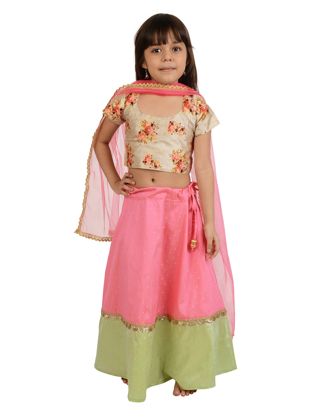 frangipani Girls Floral Printed 100% Cotton Ready to Wear Lehenga & Blouse With Dupatta