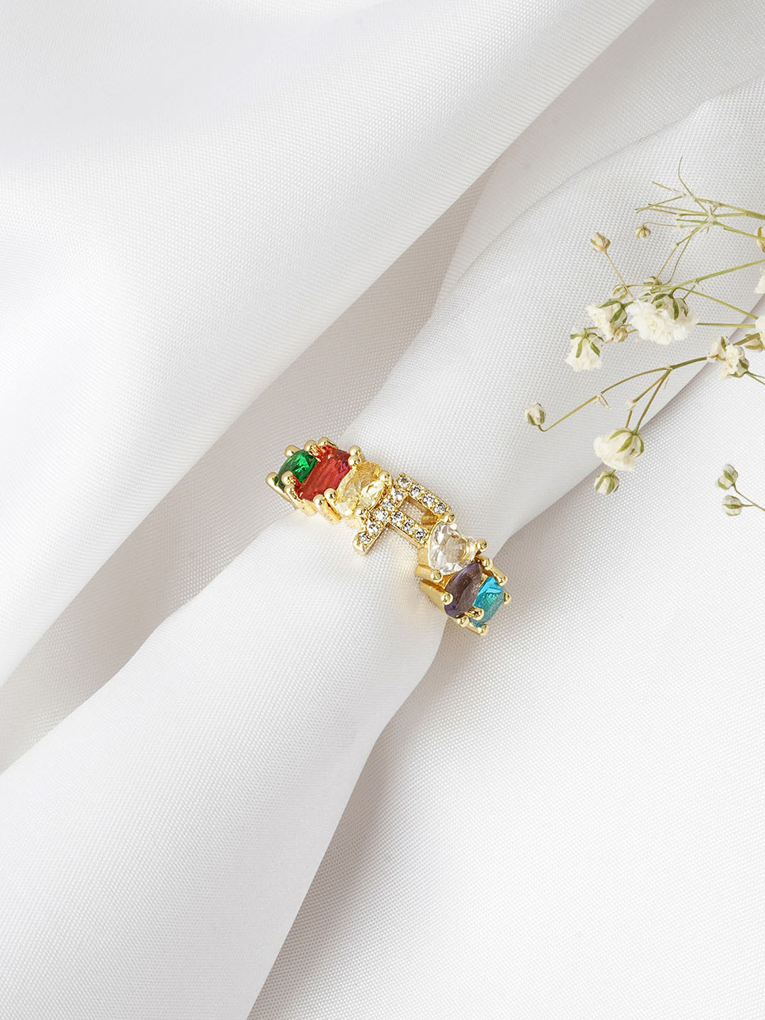 JOKER & WITCH Gold-Toned & Multi-Coloured Rhinestone Studded Alphabet F Adjustable Finger Ring