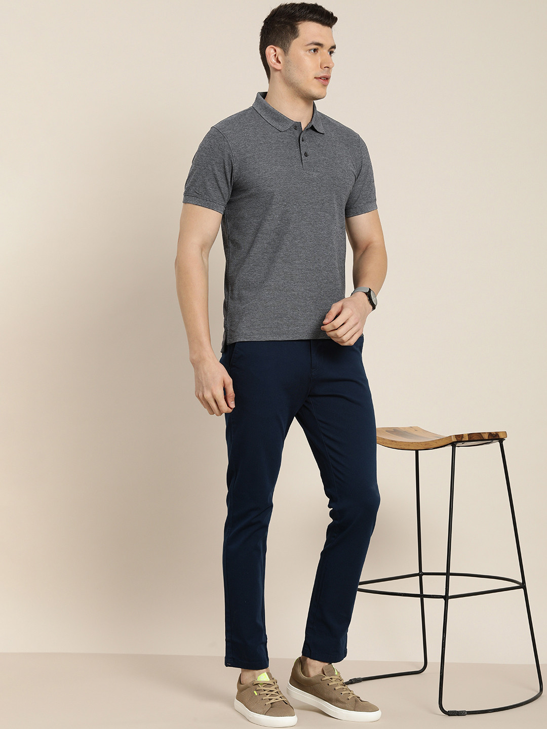 ether Men Anthra Grey Solid Moisture-Wicking Antimicrobial Polo