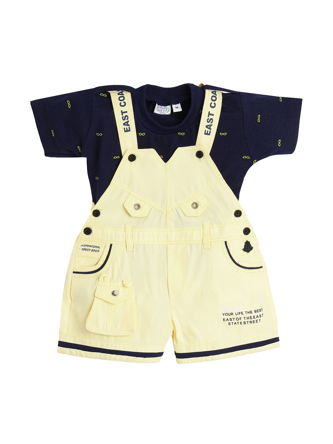 CHiU Unisex Infant Yellow And Blue Printed Dungarees And T-Shirt