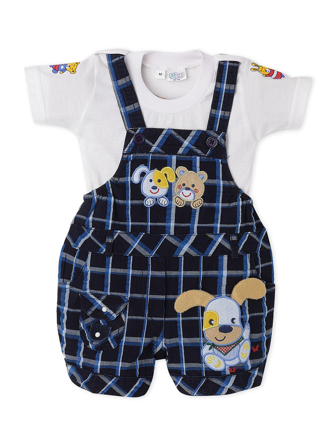 CHiU Infant Kids Blue & White Checked Cotton Dungaree with T-Shirt