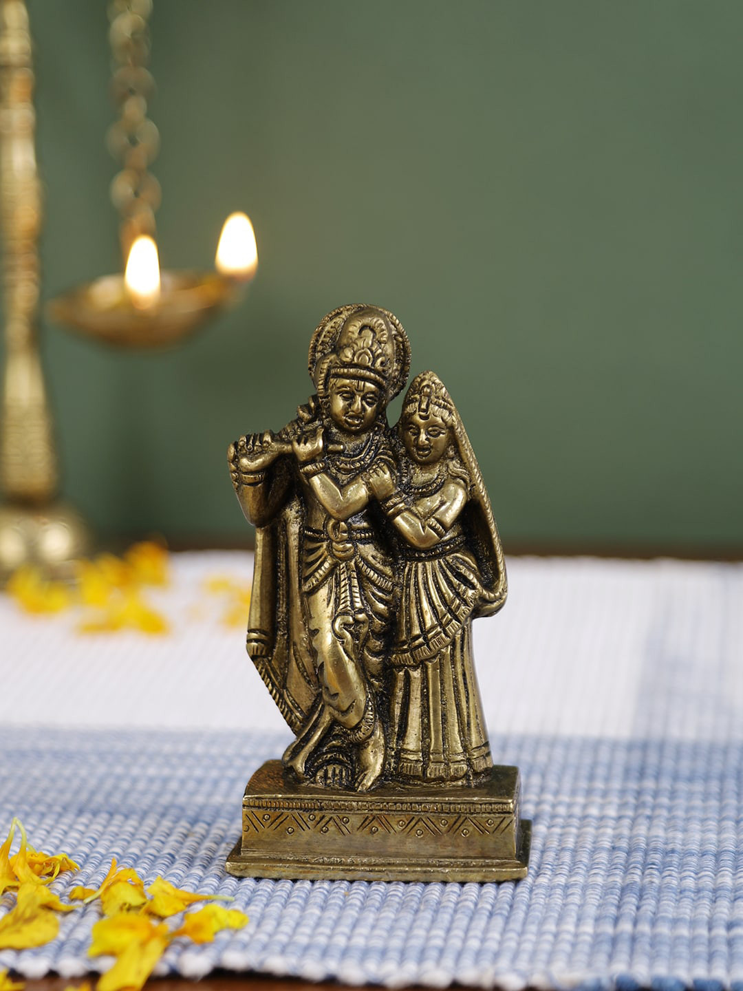 Imli Street Radha Krishna Gold Brass Metallic Prayer Room Small Showpiece - 4.3 Inches