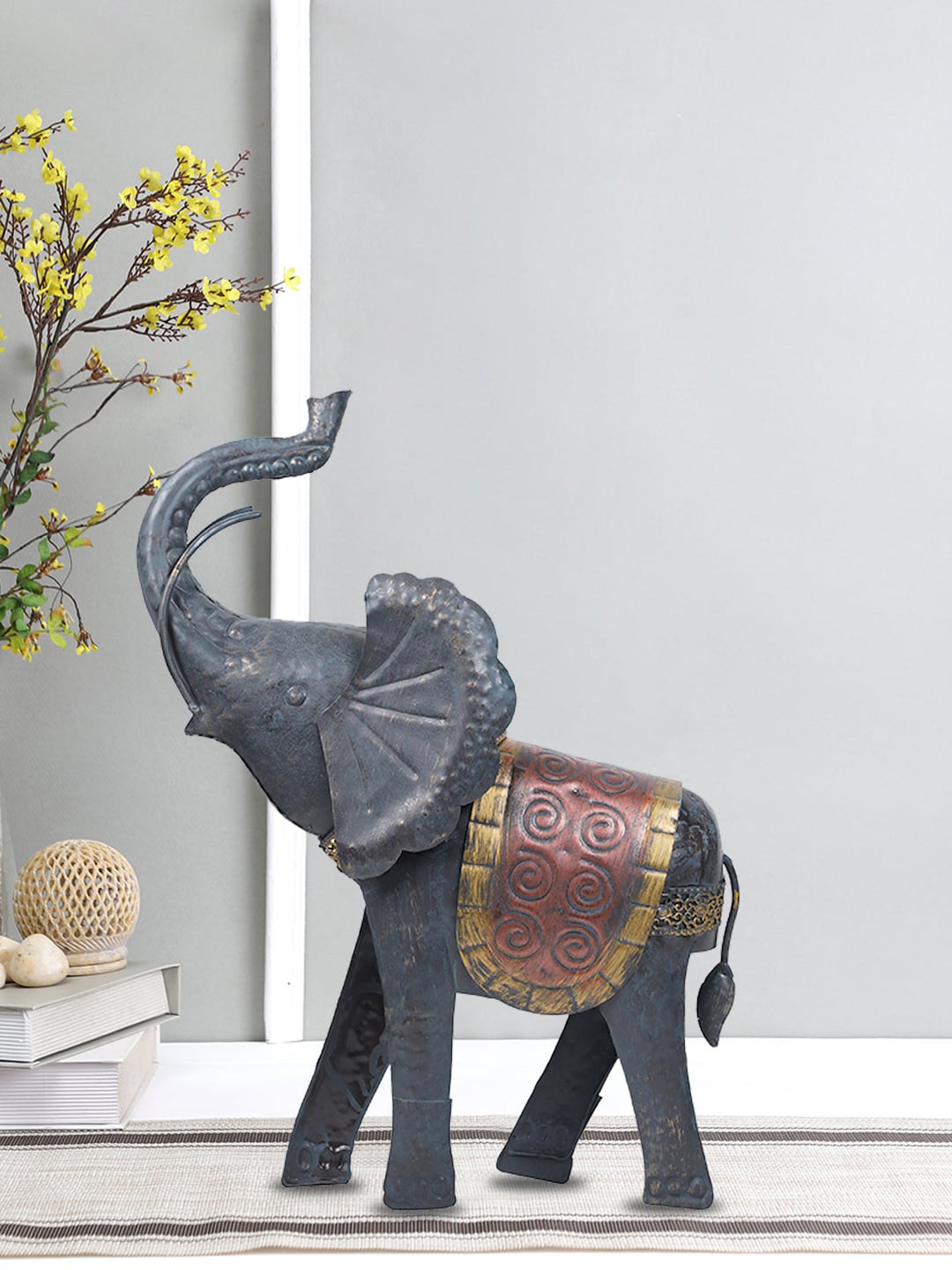 Aapno Rajasthan Gajraj Detailed Elephant Black Metal Metallic Living Room Medium Showpiece - 16.5 Inches