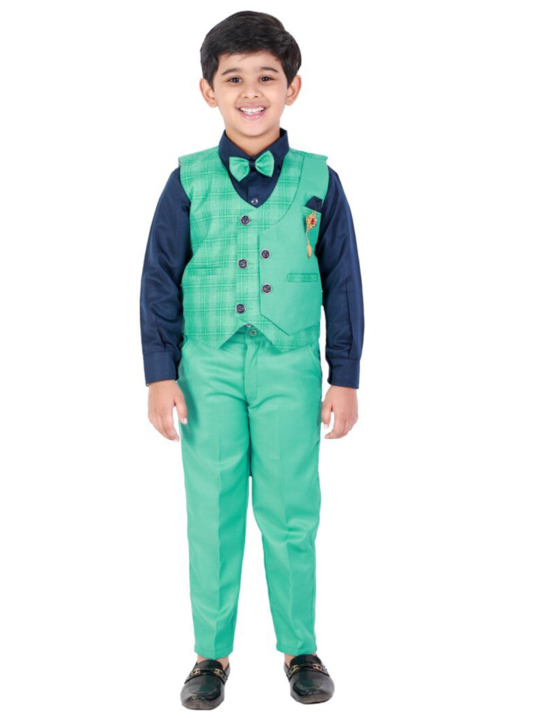 FOURFOLDS Boys Sea Green & Navy Blue Checked 3 Piece Suit