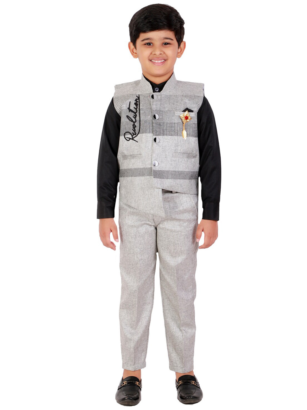 FOURFOLDS Boys Black & Grey 3 Piece Suit