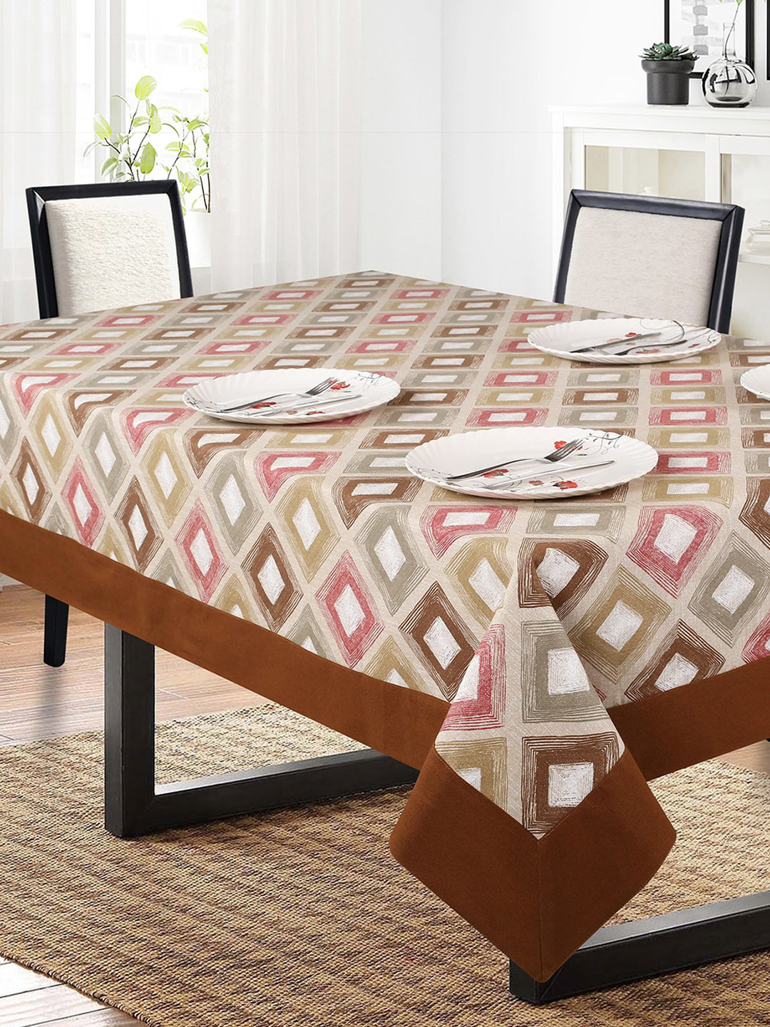SHADES of LIFE Brown Rhombus Printed 6-Seater Rectangle Cotton Table Cover