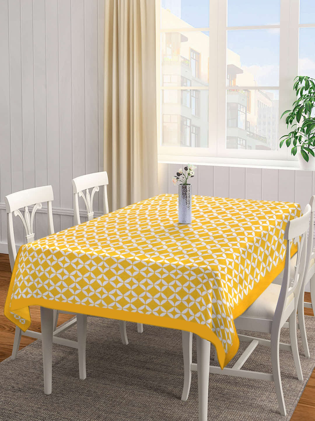 SHADES of LIFE Yellow & White Geometric Printed 6 Seater Cotton Table Cover