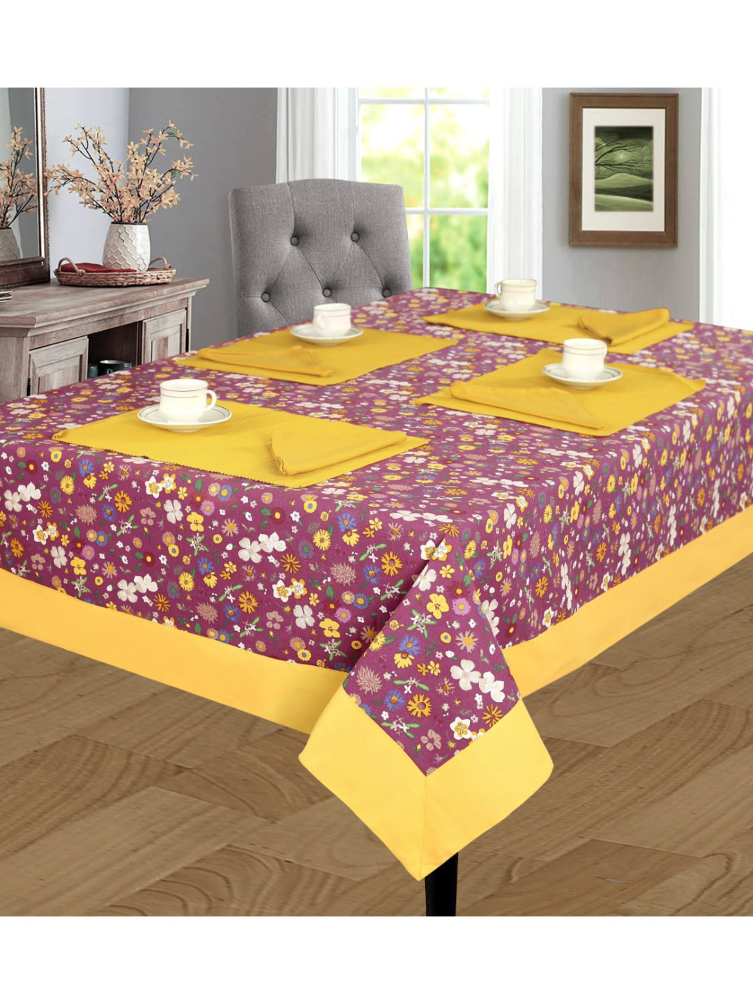 SHADES of LIFE Yellow & Purple Floral Printed Cotton 4-Seater Table Covers