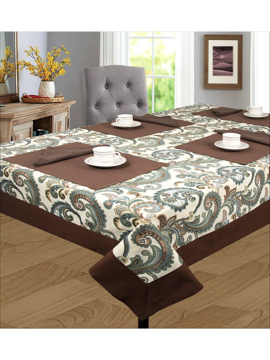 SHADES of LIFE Coffee & Blue Printed Cotton Table Cover