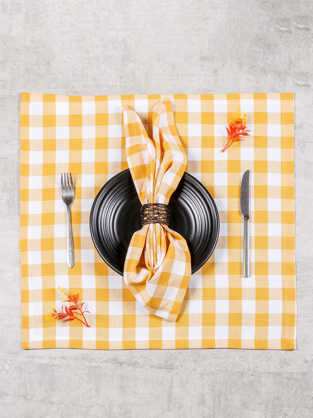 SHADES of LIFE Set Of 6 Yellow Checkered Cotton Table Napkins