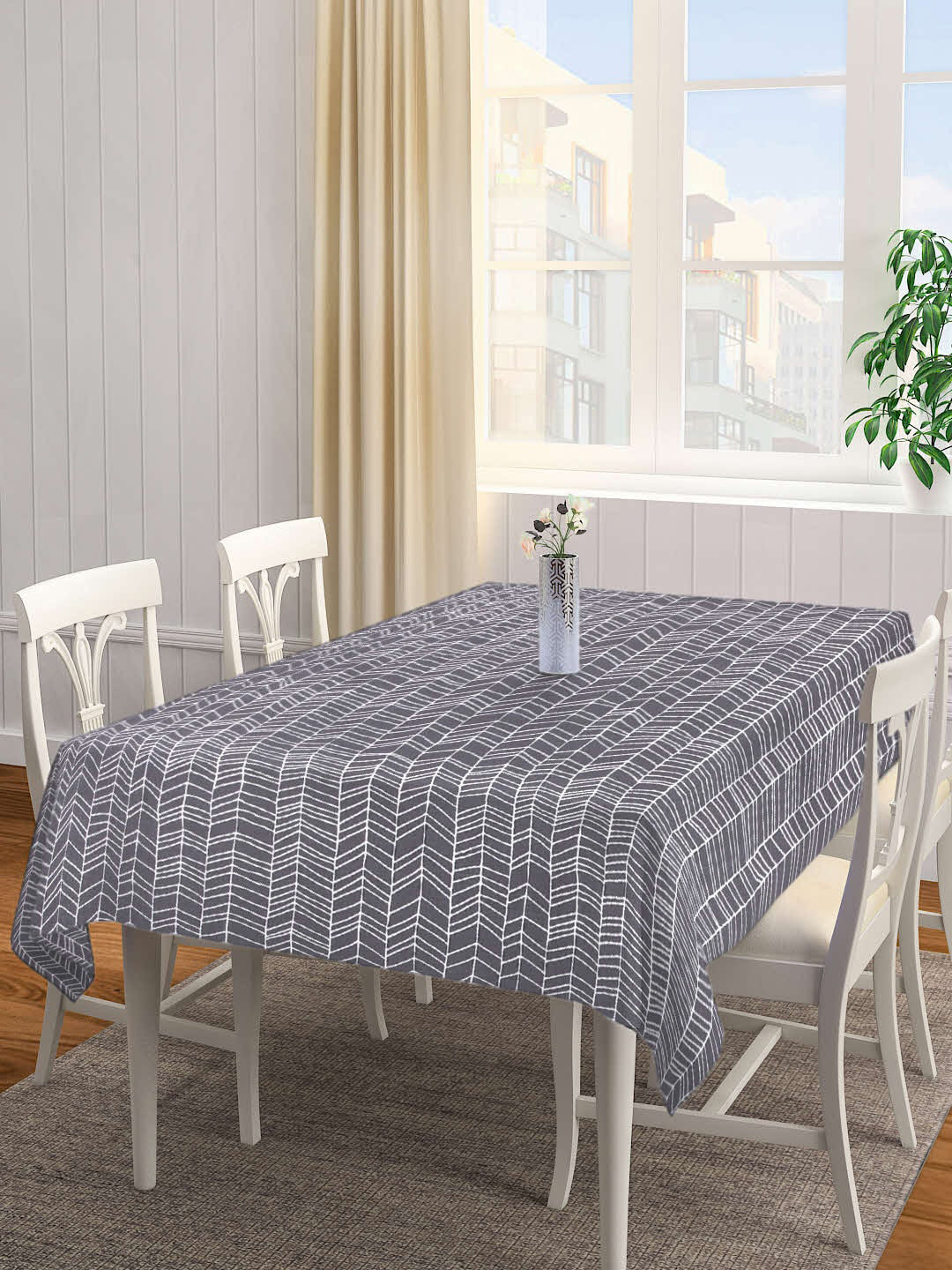 SHADES of LIFE Grey Geometric Printed Cotton 4-Seater Table Cover