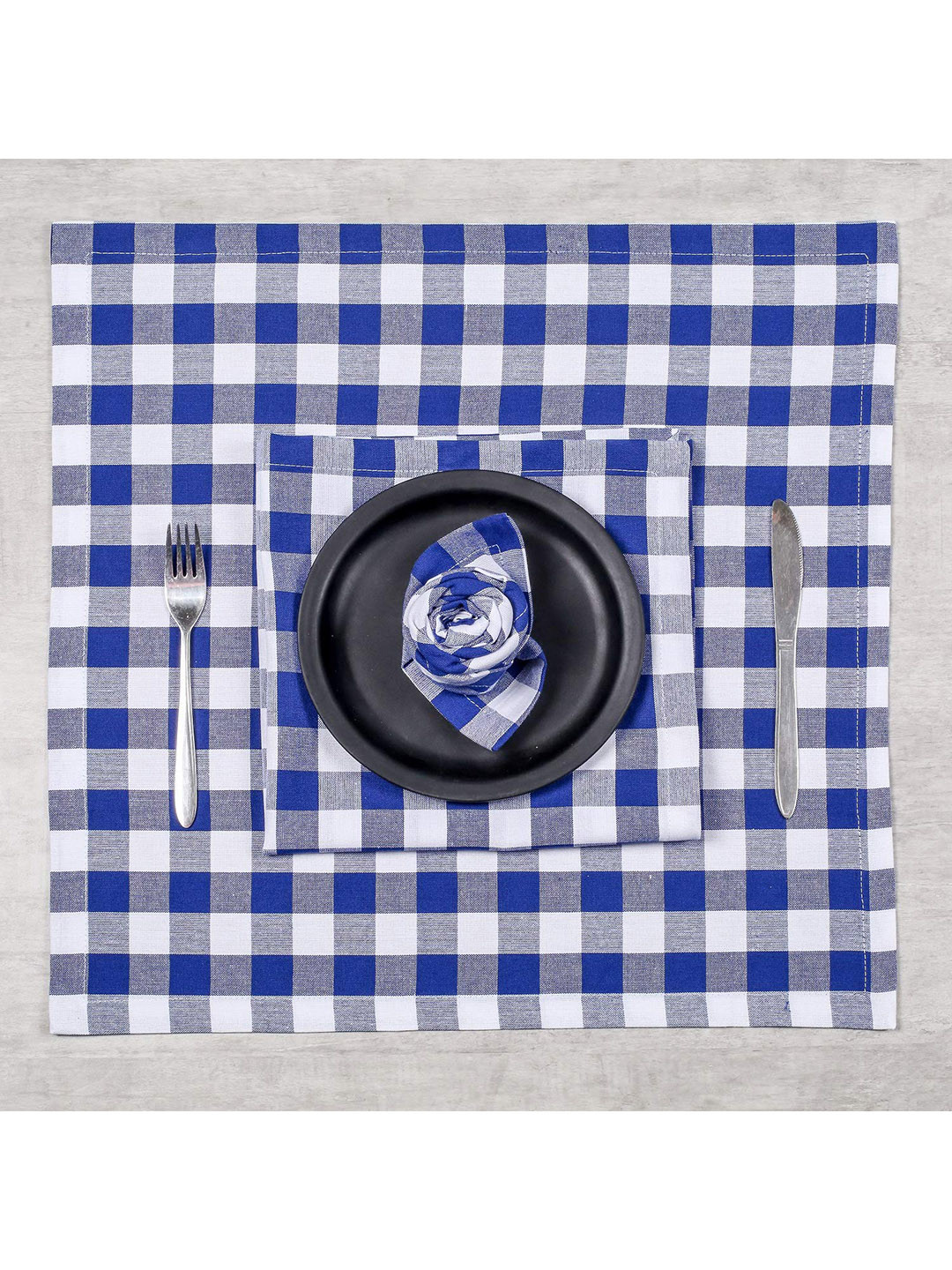 SHADES of LIFE Set Of 6 Blue & White Checked Pure Cotton Table Napkins