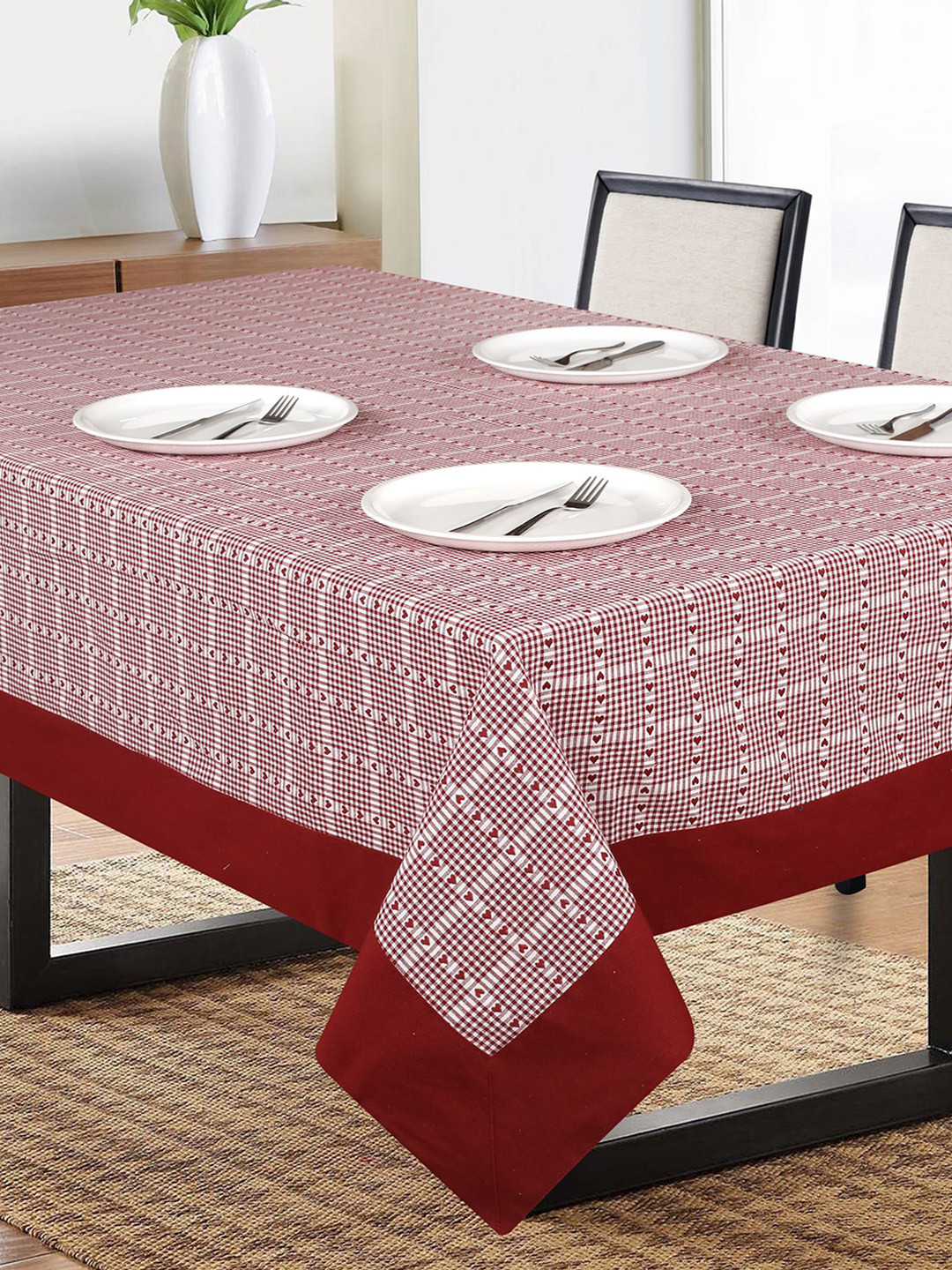 SHADES of LIFE Red & White Heart Printed 6-Seater Rectangle Cotton Table Cover