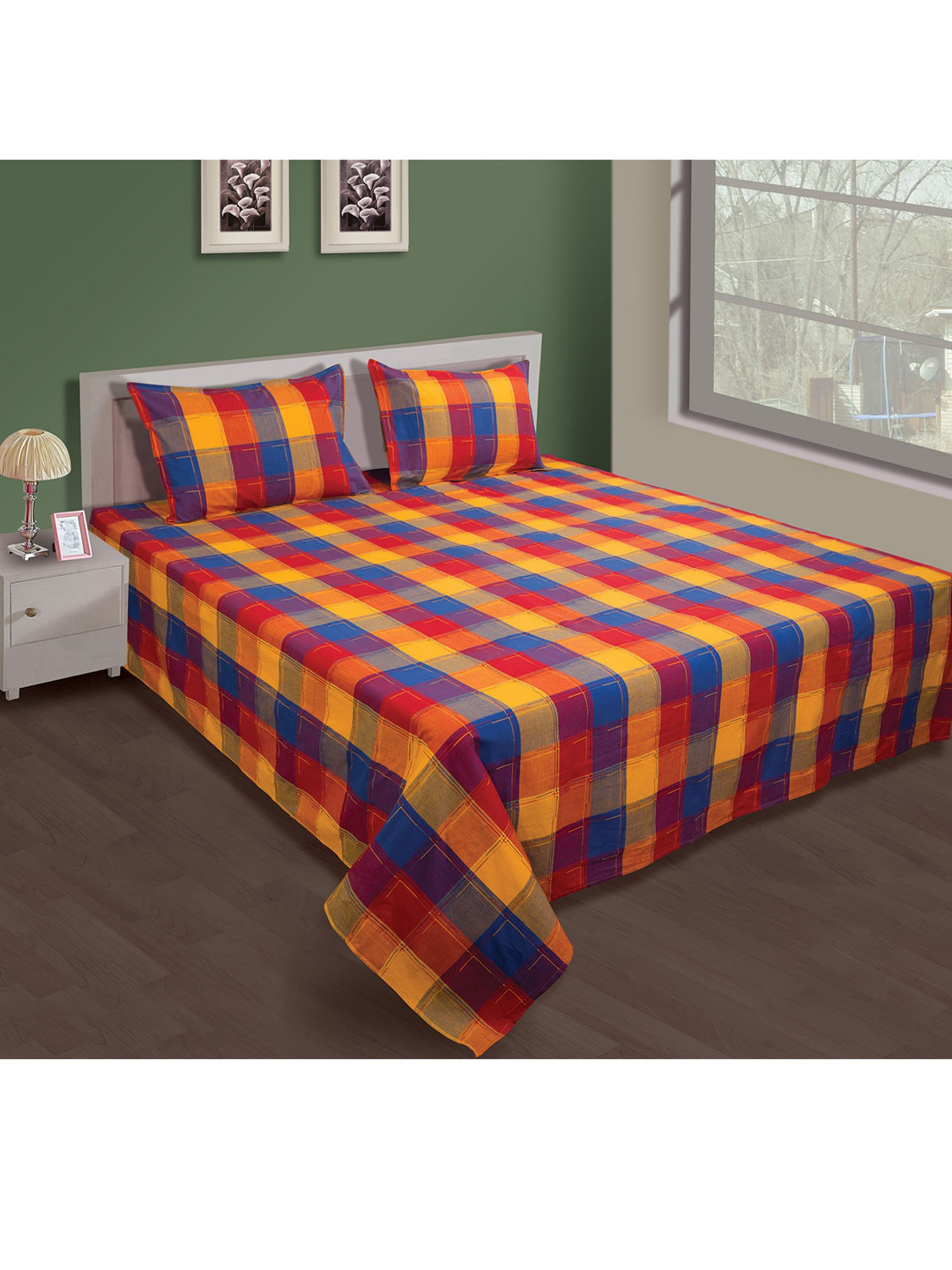 SHADES of LIFE Yellow & Red Checked Double Queen Bed Cover With Two Pillow Covers