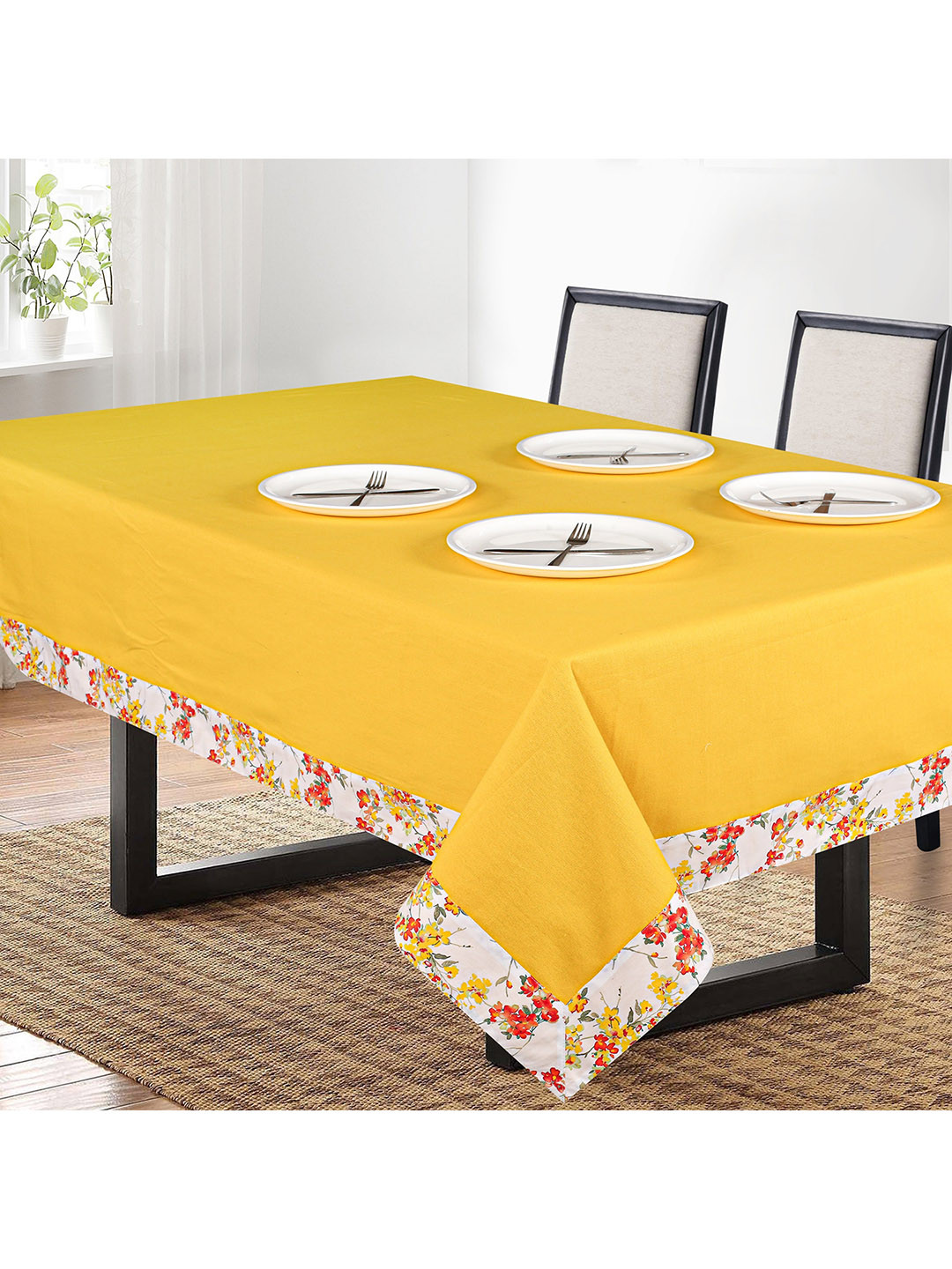 SHADES of LIFE Yellow & White Printed 6-Seater Rectangle Cotton Table Cover