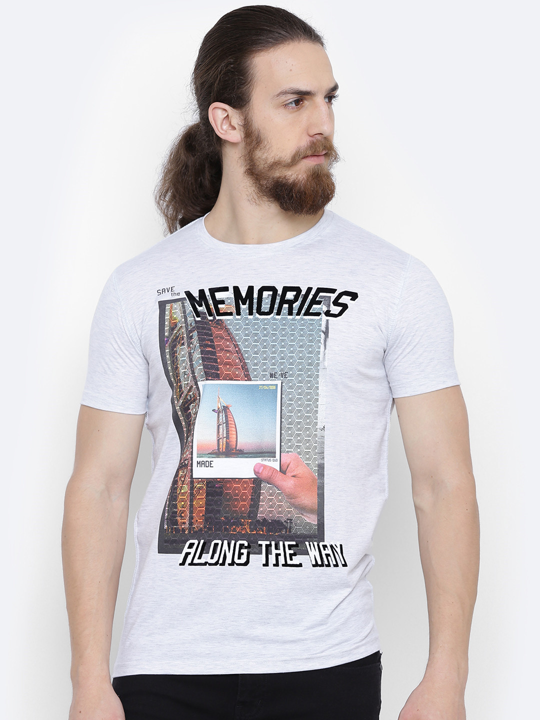 Status Quo Men Grey Melange Printed Slim Round Neck T-shirt