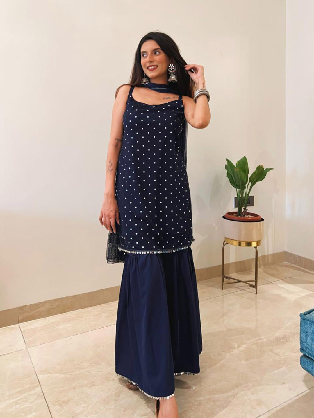 Ahalyaa Geometric Crepe Top to Toe Fusion Sharara Set